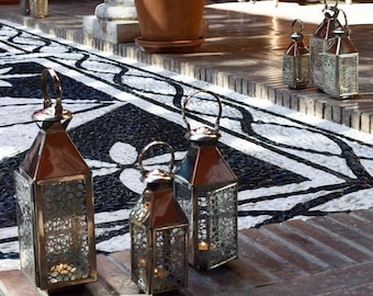 Trio of Hand Cut Silver Copper Moroccan Lanterns with Geometric Inlay/ambience lanterns/Moroccan décor/Garden décor/Outside lanterns/table