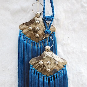 Artisan Made Pair of Large Moroccan Luxury Tassels and Drapery Holdbacks or boho chic wall décor, with a Single Sided Bedouin Motif