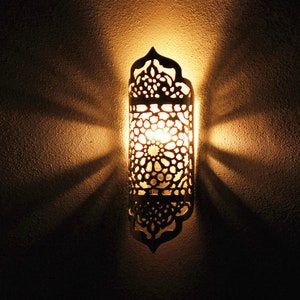 Moroccan wall light sconce: Small Alcazar Geometric Wall Light in lightweight aluminium for use inside, outside in gardens, terraces and patios.  Contains no electrical parts.