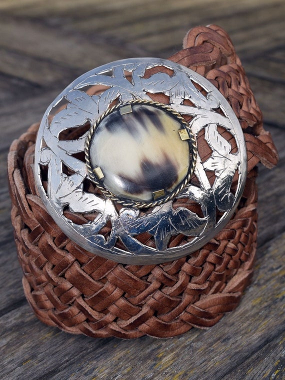 Braided Leather Belt Featuring A Hand Engraved Silver Metal Buckle s-l400.jpg main image 2