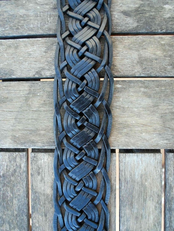 Hand Braided Black Leather Belt: Silver Buckle With Horn  display picture 3