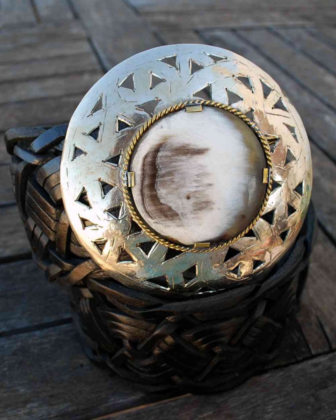 Hand Braided Black Leather Belt: Silver Buckle With Horn  display picture 1