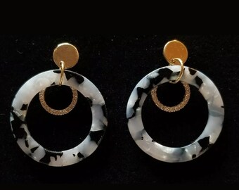 Black White Gray Resin and Rhinestone Dangle Earrings