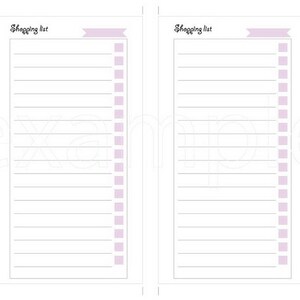 以下が含まれることがあります： 「Shopping List」と書いてある紫色のバナーが上にある、空白の買い物リストが2つ。それぞれのリストには、書き込み用の行が18行あります。