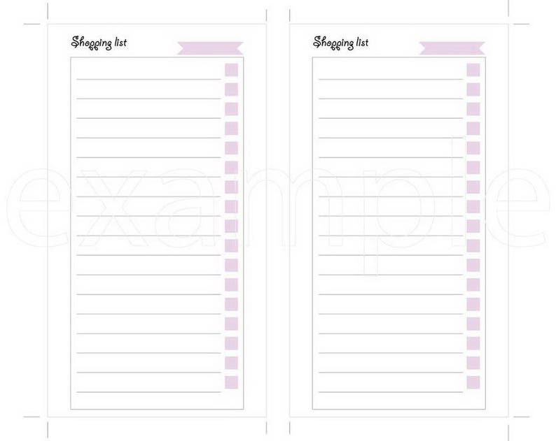 以下が含まれることがあります： 「Shopping List」と書いてある紫色のバナーが上にある、空白の買い物リストが2つ。それぞれのリストには、書き込み用の行が18行あります。