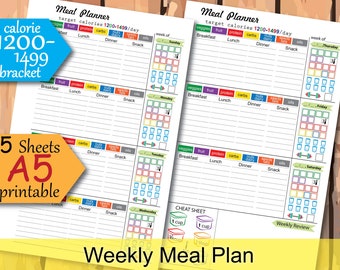 1200 Calories Tracker, Weekly Meal Planner, Weekly Food Journal a5 planner inserts, food track printable, easy meal plan- Instant Download