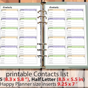 Página de contacto, libreta de direcciones imprimible, números de teléfono, inserciones A5, media carta, inserciones de tamaño Happy Planner - Descarga instantánea
