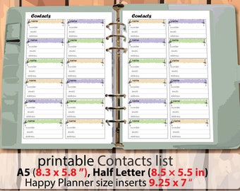Page de contact, carnet d'adresses imprimable, numéros de téléphone, inserts A5, demi-lettre, inserts de taille Happy Planner - téléchargement immédiat