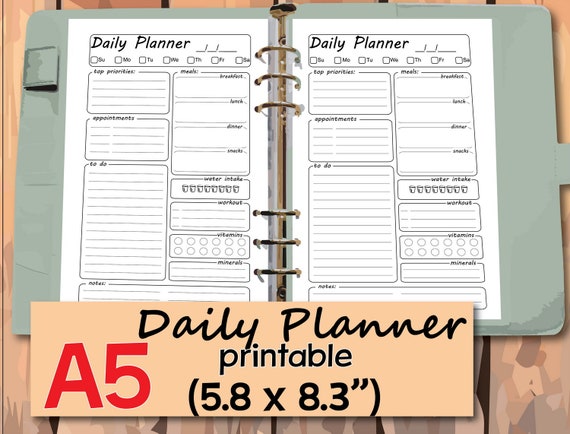 Daily Planner Printable A5 Planner Inserts Daily Journal Daily Organizer Daily Schedule Daily Planner Template Instant Download
