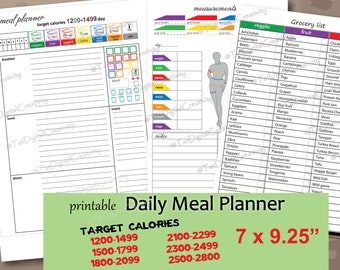 Meal Planner happy planner size, 1200,1500,1800,2100,2300,2500 Calories Tracker Bundle,Measurements Tracker, Grocery list-instant download