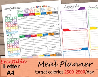 2500 -2800 calorie meal plan, food log printable, daily meal planner, shopping list, workout calendar and  more-Instant Download