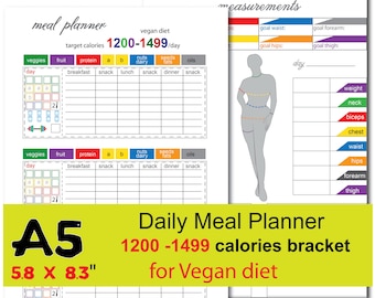 1200-1499 calories bracket  for vegan diet , a5 planner insert, fitness set printable , daily meal planner -Instant Download