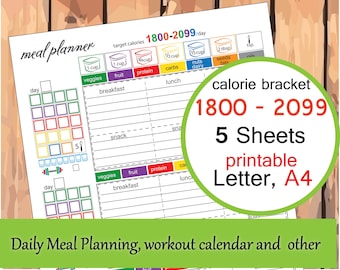 1800 Calorie Tracker, Daily  Meal Planner, food journal , Shopping List and more Easy to Use for any diet -Instant Download