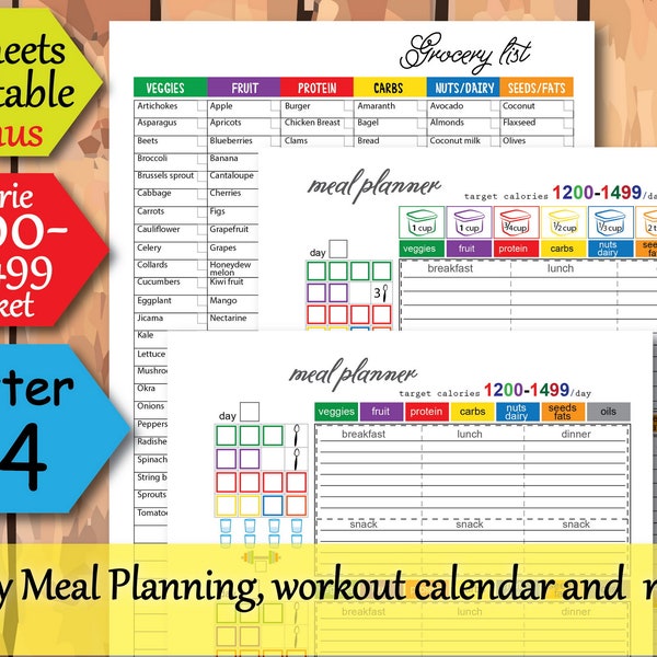 daily meal planner, 1200 calorie diet plan, Food journal, Grocery List,  and more Easy to Use  for any diet- Instant Download