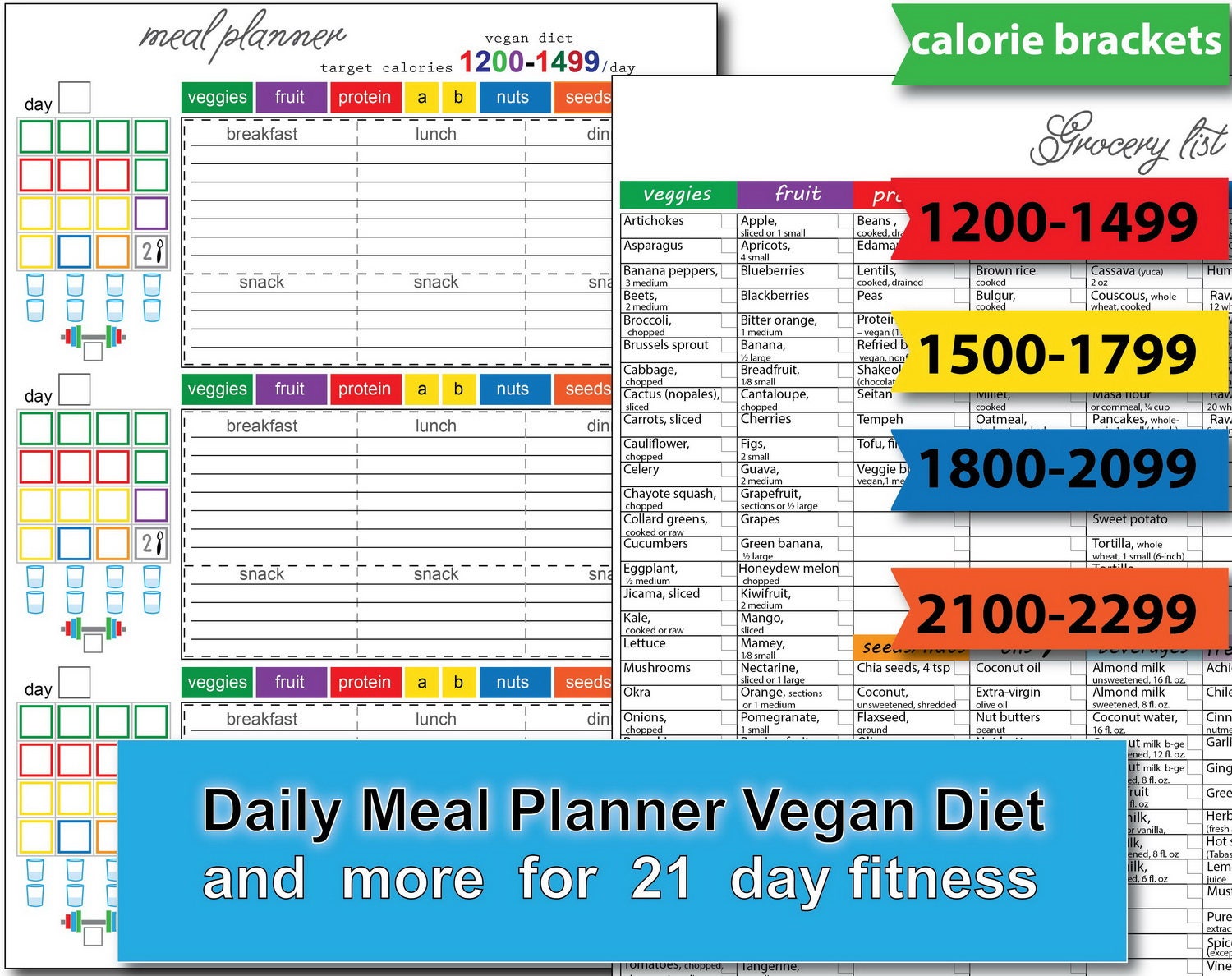 vegetarian meal plan for 1200150018002100 calories a Etsy