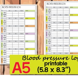 May include: A printable blood pressure log in A5 size (5.8 x 8.3 inches). The log has columns for date, time, systolic, diastolic, pulse, and notes. The log is designed to be used for tracking blood pressure readings.