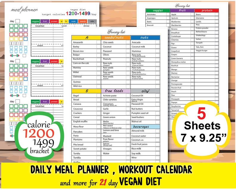 Daily Vegan Meal Plan 1200 Calorie Tracker food journal for Etsy
