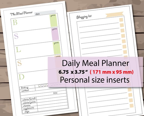 Daily Meal Planner Printable: Personal Size Inserts, Calories & Points Tracker (Digital Download)