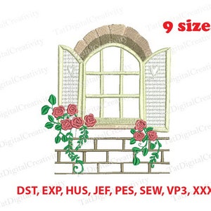 May include: Embroidered design of a window with open shutters and a brick ledge with a vine of pink roses. The design is available in 9 sizes and in the following formats: DST, EXP, HUS, JEF, PES, SEW, VP3, XXX.