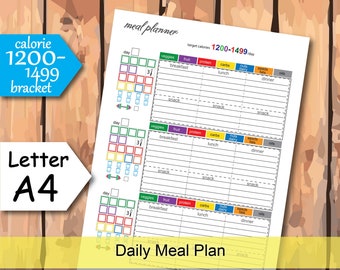 1200-1499 calorie meal plan, daily meal planner inserts, 1200-1499 calories bracket  Easy to Use  for any fitness program- Instant Download