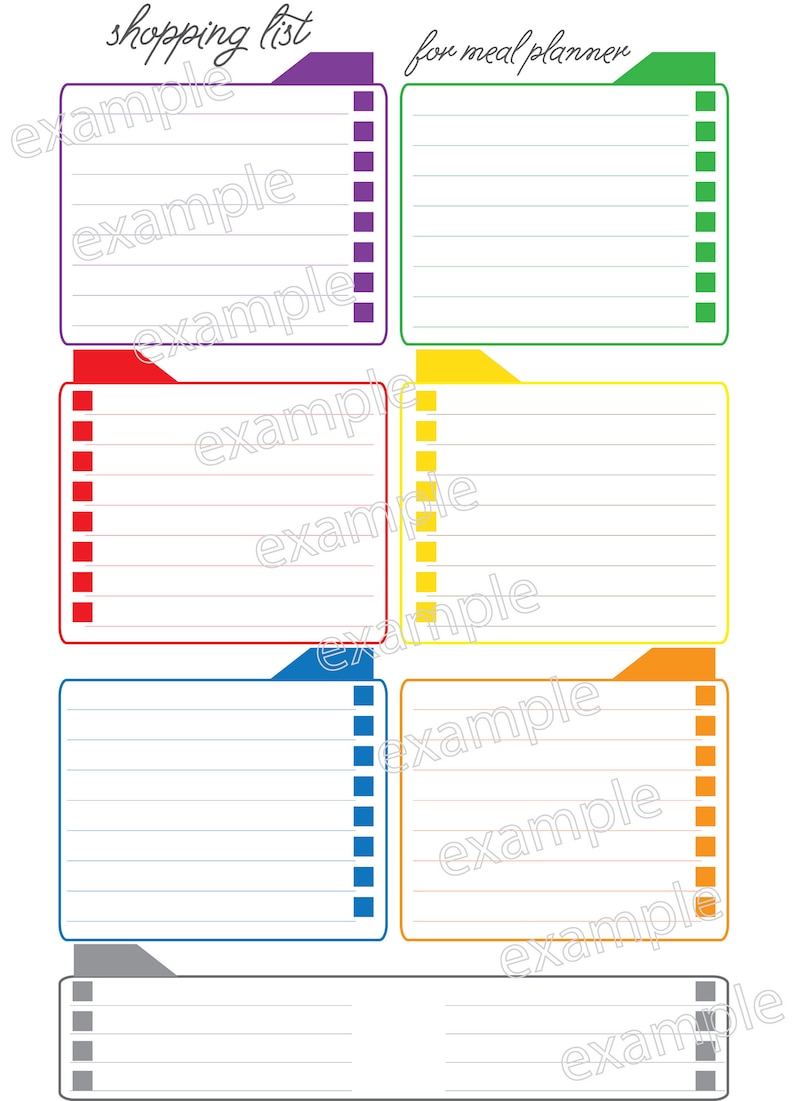 May include: A printable shopping list with six colourful sections for meal planning. Each section has a tab with a different colour: purple, green, red, yellow, blue, and grey. The text "shopping list" is at the top of the page, and the text "for meal planner" is at the top right corner.