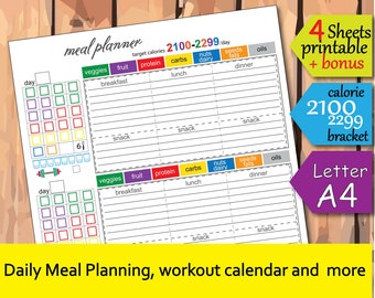 meal plan printable, meal planner template, 2100 Calorie Bracket, Grocery List, Fitness planner - Instant Download