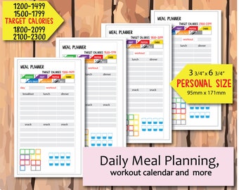 calorie meal plan 1200,1500,1800,2100 , Workout Tracker, Shopping List and more , Personal size inserts - Instant Download