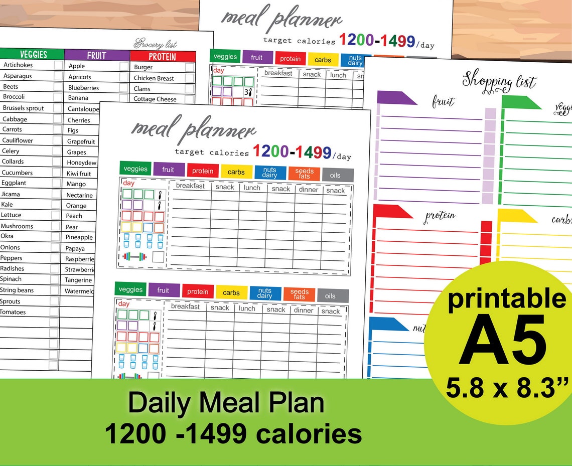 1200 Calorie Tracker A5 Meal Planner Inserts Shopping List Etsy