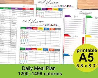 1200 Calorie Tracker, A5 meal planner inserts , Shopping List and more - Instant Download