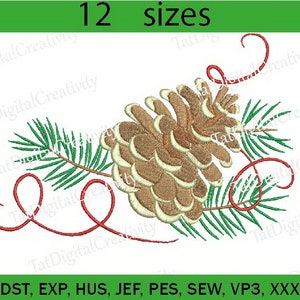 Pine branches with cone machine embroidery design , Christmas pine cone embroidery design, cone pattern-  instant download