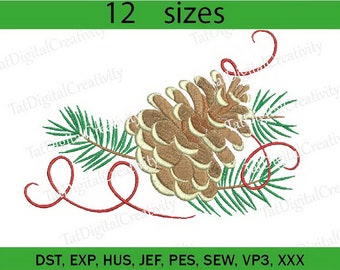 Pine branches with cone machine embroidery design , Christmas pine cone embroidery design, cone pattern-  instant download