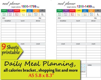 food tracker for diet  1200,1500,1800,2100,2300 calories bracket, printable meal plan and more a5 planner insert - instant download