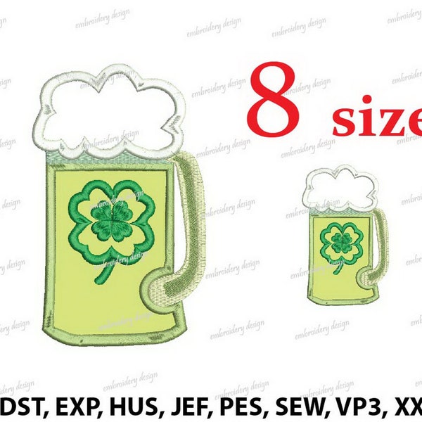 Beer St Patrick's Day Applique Embroidery Design, St Patrick's Day Machine Embroidery Design, four-leaf clover pattern - Instant Download