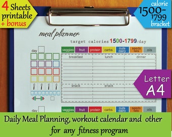 May include: A printable meal planner sheet with a clipboard design. The sheet is divided into sections for breakfast, lunch, dinner, and snacks. It includes columns for veggies, fruit, protein, carbs, nuts and dairy, seeds and fats, and oils. The sheet is designed for a calorie target of 1500-1799 per day. The text "Letter A4" is printed in the bottom right corner.