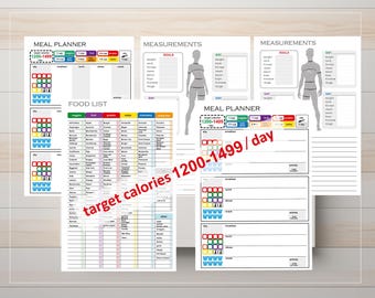 May include: Printable meal planner and food list with a target calorie range of 1200-1499 calories per day. The planner includes sections for breakfast, lunch, dinner, and snacks. The food list includes a variety of foods categorised by their nutritional content. The planner also includes a section for tracking measurements and goals.
