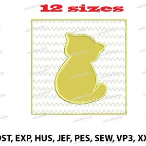 May include: A yellow silhouette of a cat sitting on a white background with a chevron pattern. The text "12 sizes" is above the image. The text "DST, EXP, HUS, JEF, PES, SEW, VP3, XXX" is below the image.