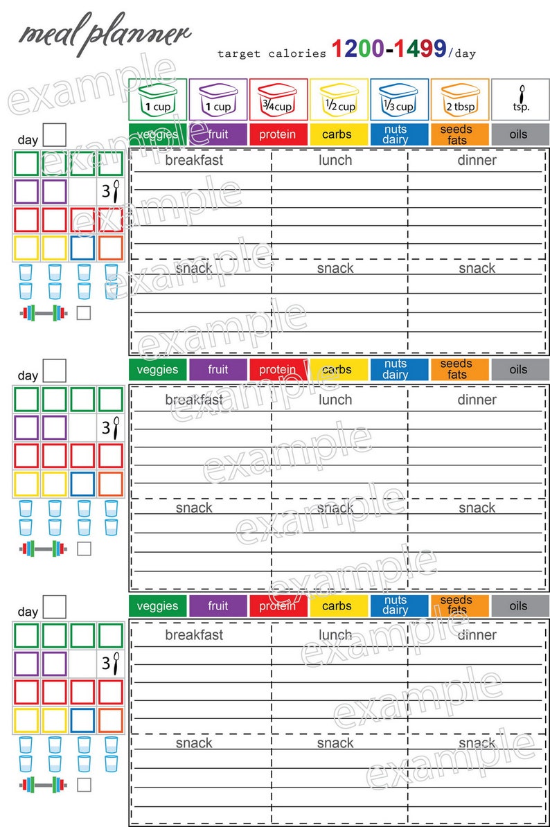 May include: A printable meal planner with a colourful chart for tracking daily food intake. The chart includes sections for breakfast, lunch, dinner, and snacks, with columns for vegetables, fruit, protein, carbs, nuts and dairy, seeds and fats, and oils. The chart is designed for a target calorie intake of 1200-1499 per day.