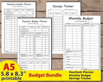 A5 Budget Planner Bundle | Minimalist Paycheck, Monthly Budget, Savings Tracker (PDF Download)