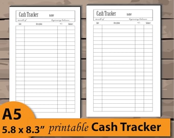May include: Printable A5 cash tracker with two pages, each with a table for tracking monthly expenses. The table includes columns for date, description, plus or minus, and balance.