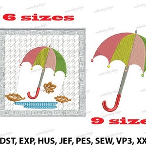 Puede incluir: Diseño de bordado de una sombrilla colorida con gotas de lluvia y hojas. El diseño está disponible en 6 tamaños y 9 formatos: DST, EXP, HUS, JEF, PES, SEW, VP3, XXX.
