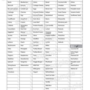 May include: A grocery list checklist with a black and white grid. The list is divided into categories: veggies, fruit, protein, carbs, nuts/dairy, seeds/fats, and oils. Each category has a list of food items.