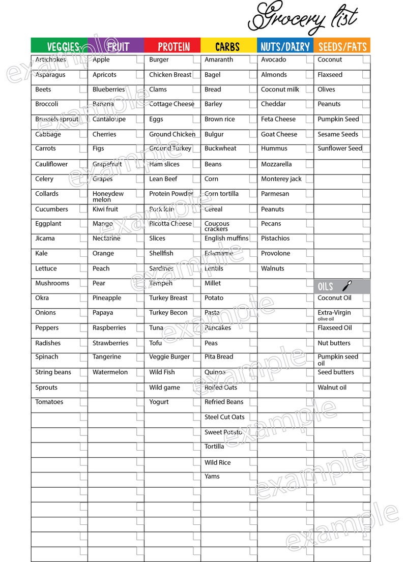 May include: A grocery list checklist with a black and white grid. The list is divided into categories: veggies, fruit, protein, carbs, nuts/dairy, seeds/fats, and oils. Each category has a list of food items.