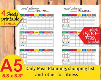 1500 Calories Tracker, Shopping List and more Easy to Use for any fitness program, a5 planner inserts- Instant Download