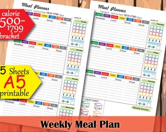 1500 Calories Tracker, Weekly Meal Planner, a5 planner inserts, 1500 calorie meal plan, Weekly food tracker printable - Instant Download