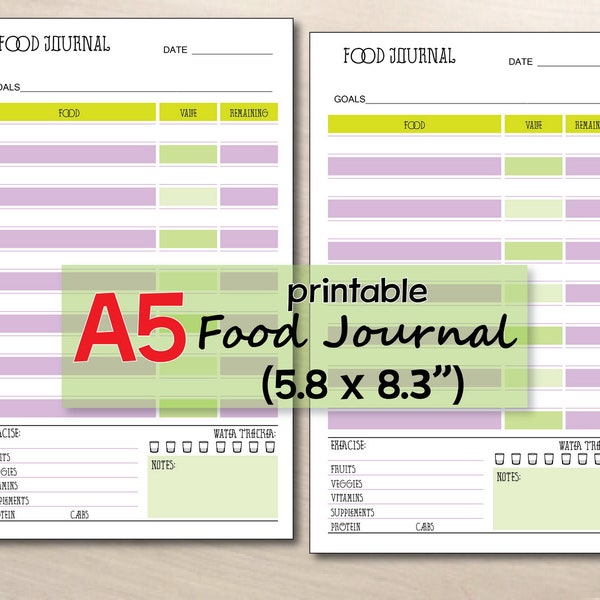 printable food journal, food diary template, Points tracker, weight loss log A5  inserts, printable food tracker - instant download