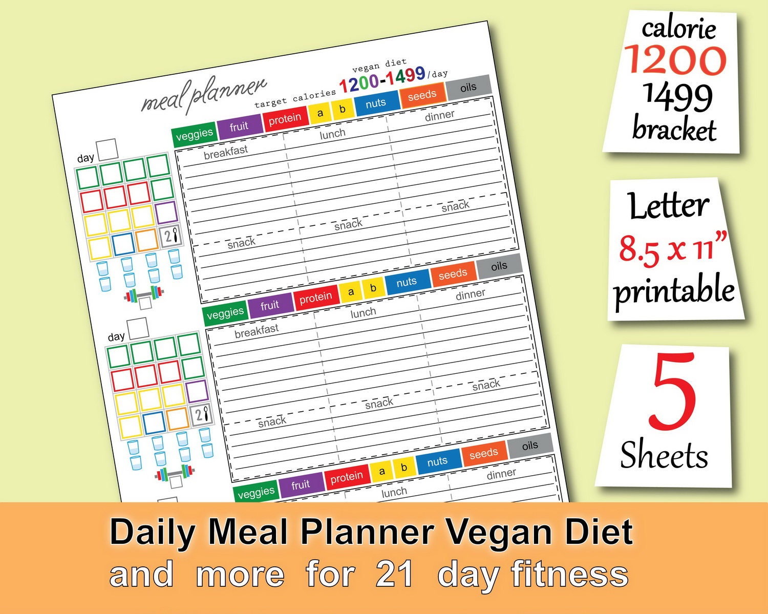 Vegan Meal Plan 1200 Calories Tracker Grocery List Vegan Diet Etsy