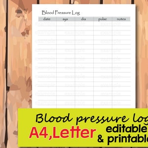 Blood Pressure Log, Printable & Editable, Medical Tracker, Pulse Tracker, Systolic and Diastolic Blood Pressure Log - Instant Download