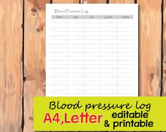 Blood Pressure Log, Printable & Editable, Medical Tracker, Pulse Tracker, Systolic and Diastolic Blood Pressure Log - Instant Download