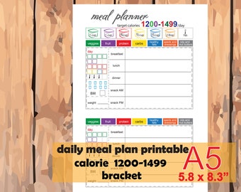 1200-1499 calorie tracker, daily meal planner inserts, 1200-1499 calories bracket  Easy to Use  for any fitness program- Instant Download