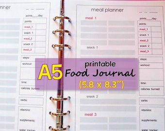 a5 meal planner printable, a5 food diary, food tracker, food diary journal, meal planner inserts, shopping list printable - instant download